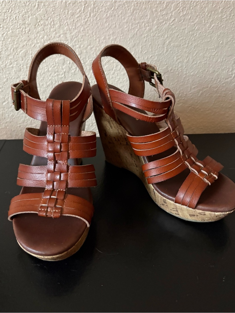 Mossimo Supply Co. Brown Leather Wedge Sandals - Strappy Cork Platform